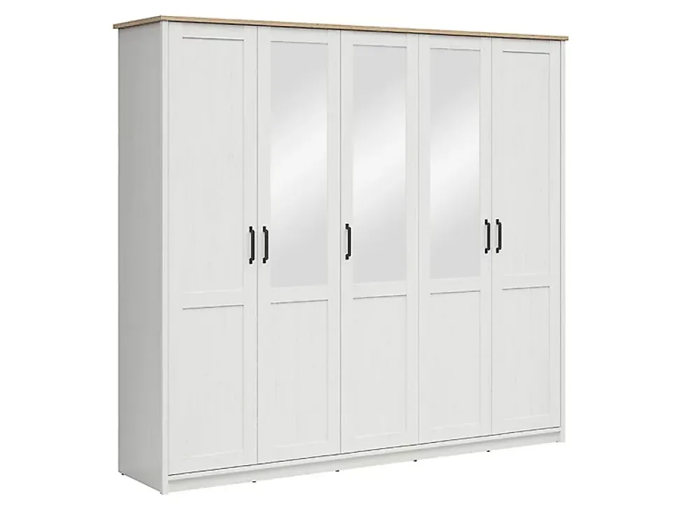 Armoire à cinq portes avec miroir, coloris Blanc pin andersen/Chêne clair - Longueur 240,5 x Profondeur 57,5 x Hauteur 220 cm