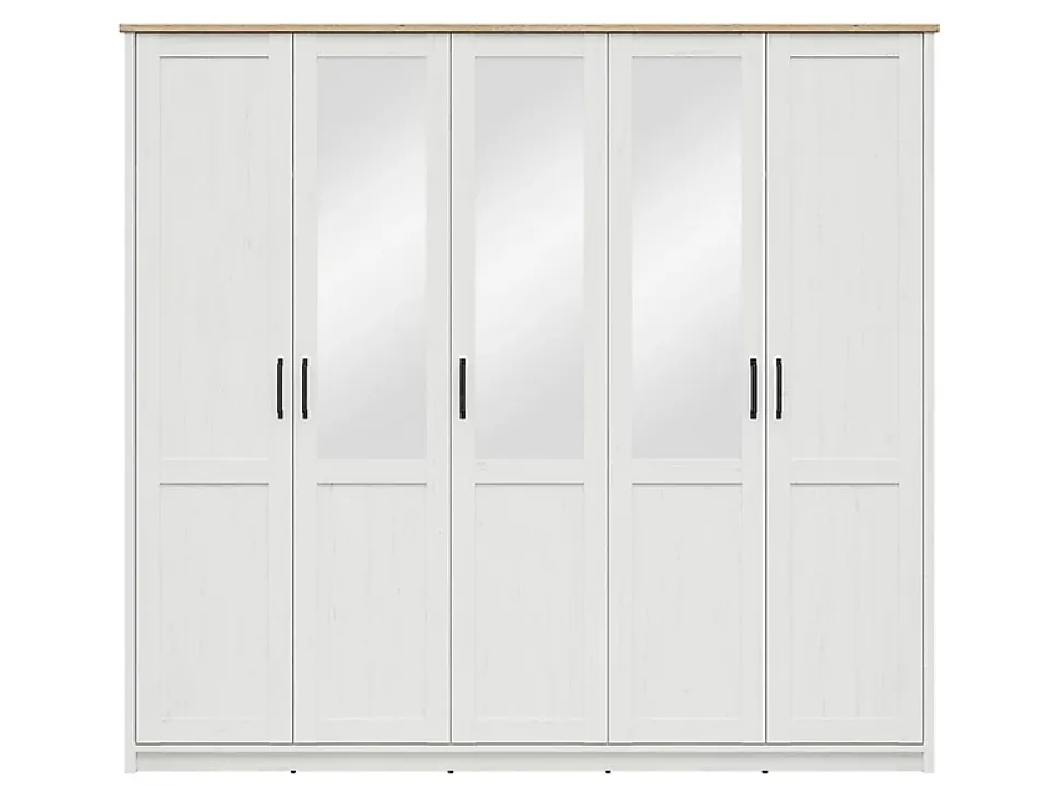 Armoire à cinq portes avec miroir, coloris Blanc pin andersen/Chêne clair - Longueur 240,5 x Profondeur 57,5 x Hauteur 220 cm