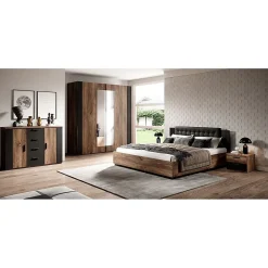 Armoire 200 cm 2 portes coulissantes avec miroirs Chene foncé et noir Collection FOX