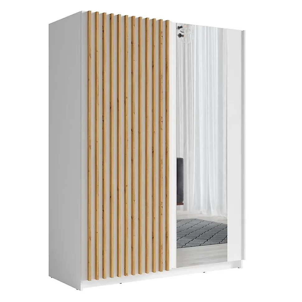 Armoire 150 cm avec 2 portes coulissantes, coloris blanc et chene Collection STRANO