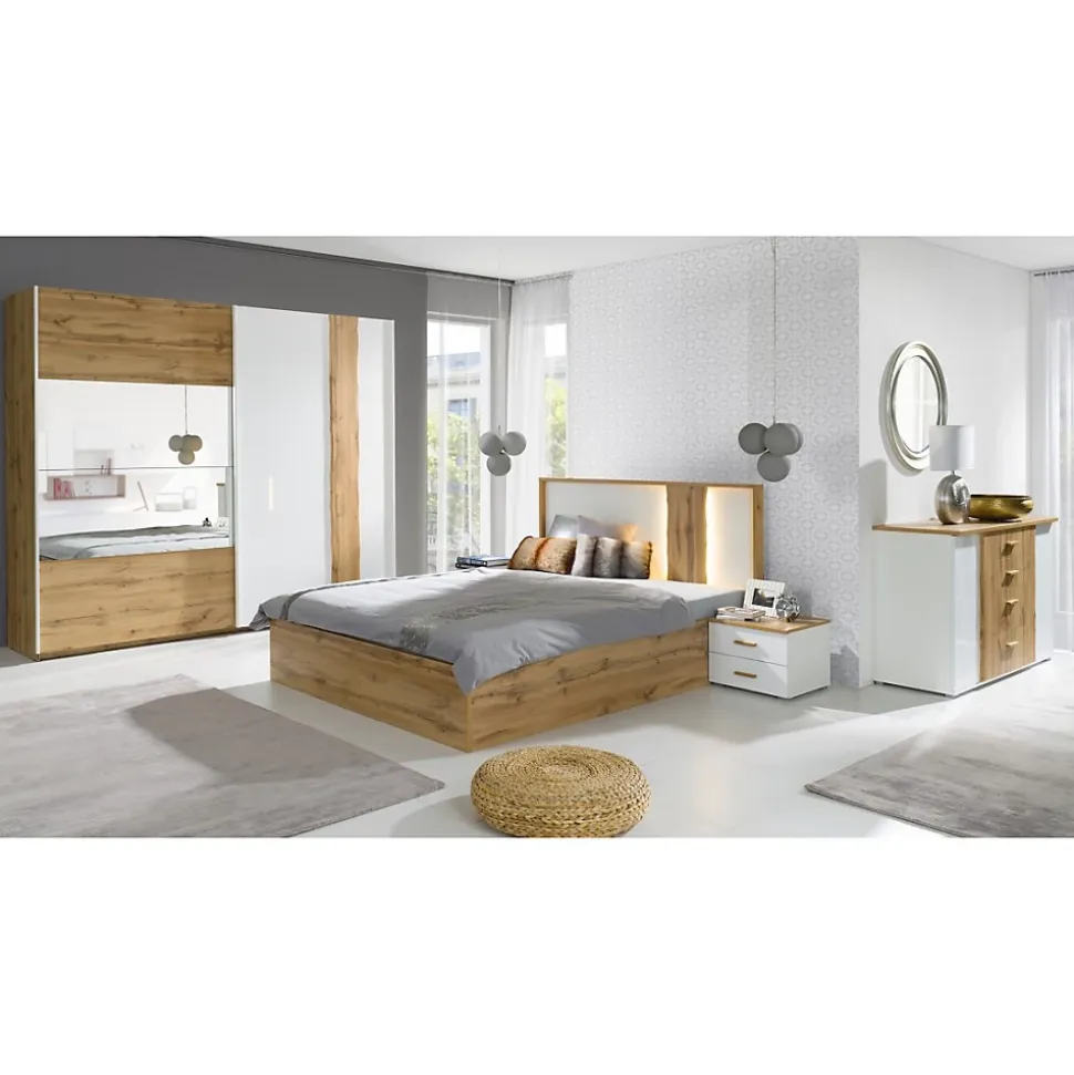 Armoire 250 cm WOOD 2 portes coulissantes avec miroir coloris chene et blanc