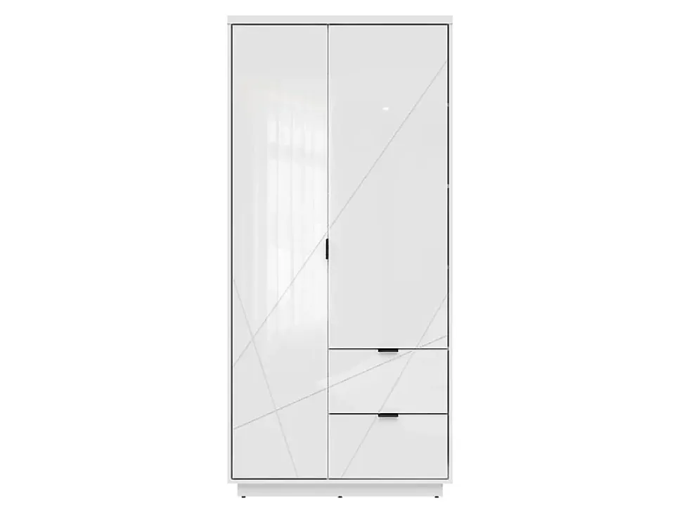 Armoire à double porte avec 2 tiroirs , coloris Blanc brillant/Blanc haute brillance - L. 94 x P. 56,5 x H. 200,5 cm
