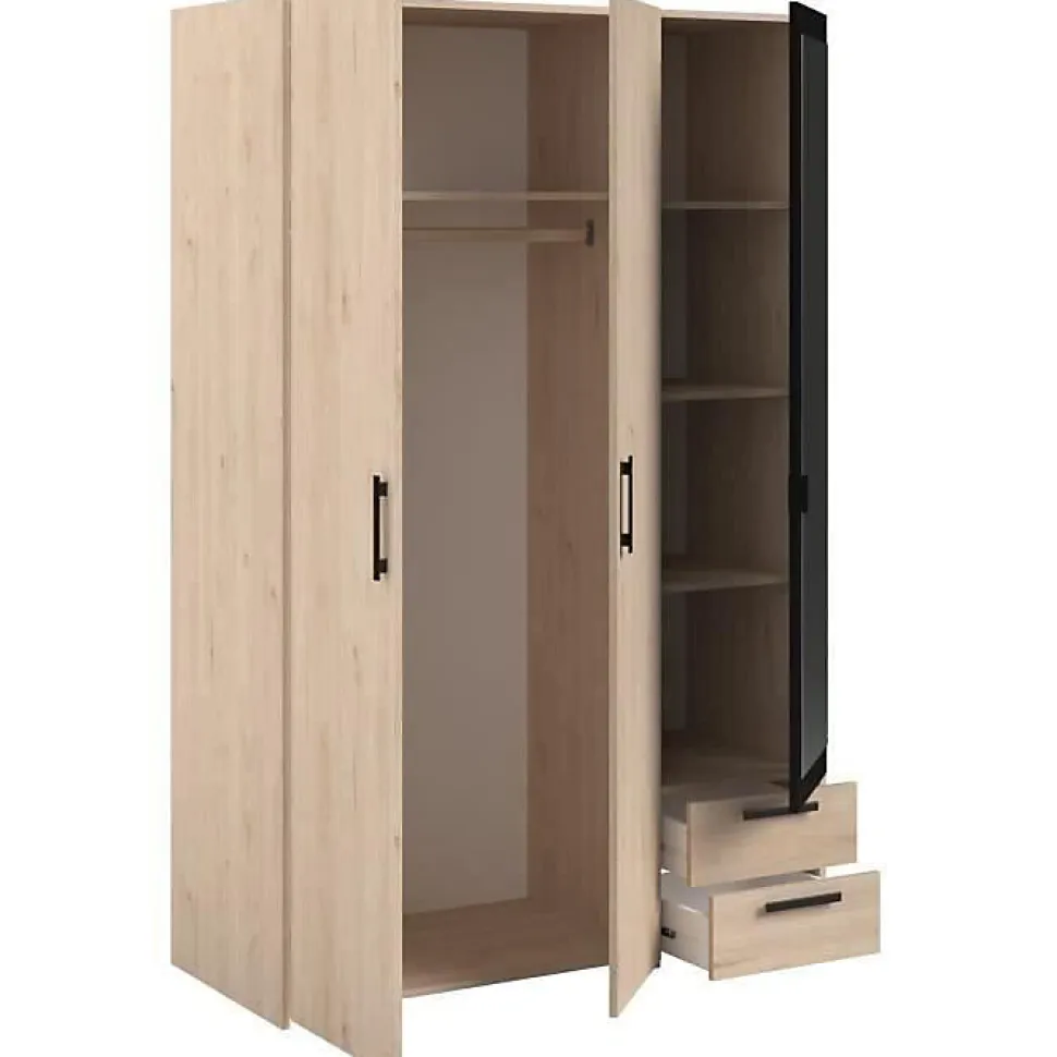 Armoire - Panneau de particules - Décor chene et noir - 3 portes droites - Essentiel - Chambre - 120.3x185x51.7 cm