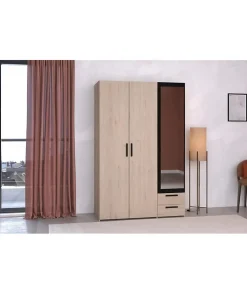 Armoire - Panneau de particules - Décor chene et noir - 3 portes droites - Essentiel - Chambre - 120.3x185x51.7 cm