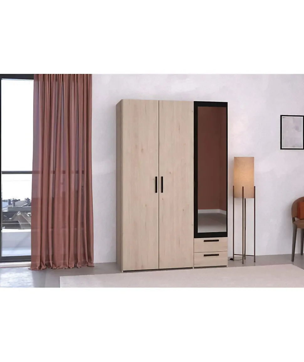 Armoire - Panneau de particules - Décor chene et noir - 3 portes droites - Essentiel - Chambre - 120.3x185x51.7 cm