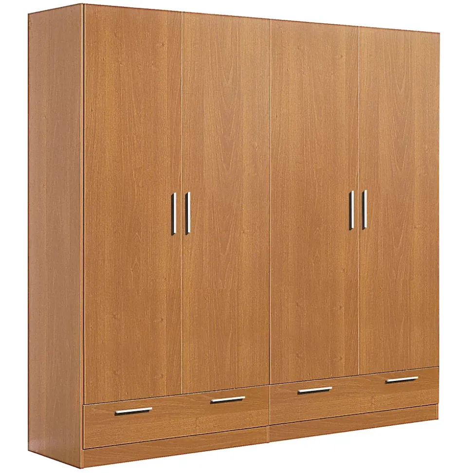 Armoire / placard de rangement de 4 portes + 2 tiroirs coloris Merisier - longueur 202 x profondeur 51 x hauteur 200 cm