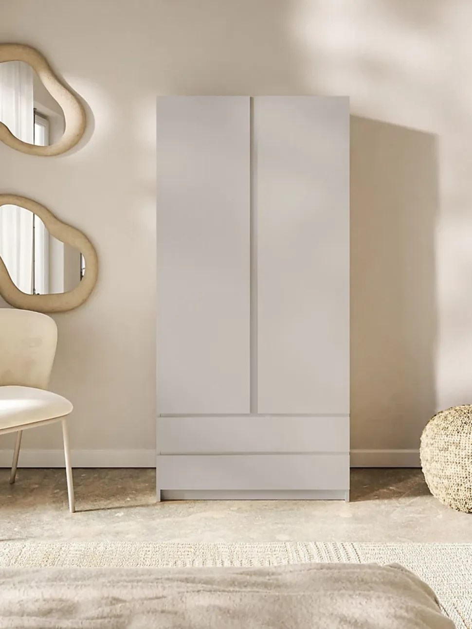 Armoire 2 portes 2 tiroirs 100 cm gris cachemire Bemmi