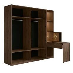 Armoire 4 portes avec coiffeuse intégrée NORVIK Noyer et noir Miroir, LED et rangements inclus