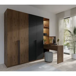 Armoire 4 portes avec coiffeuse intégrée NORVIK Noyer et noir Miroir, LED et rangements inclus