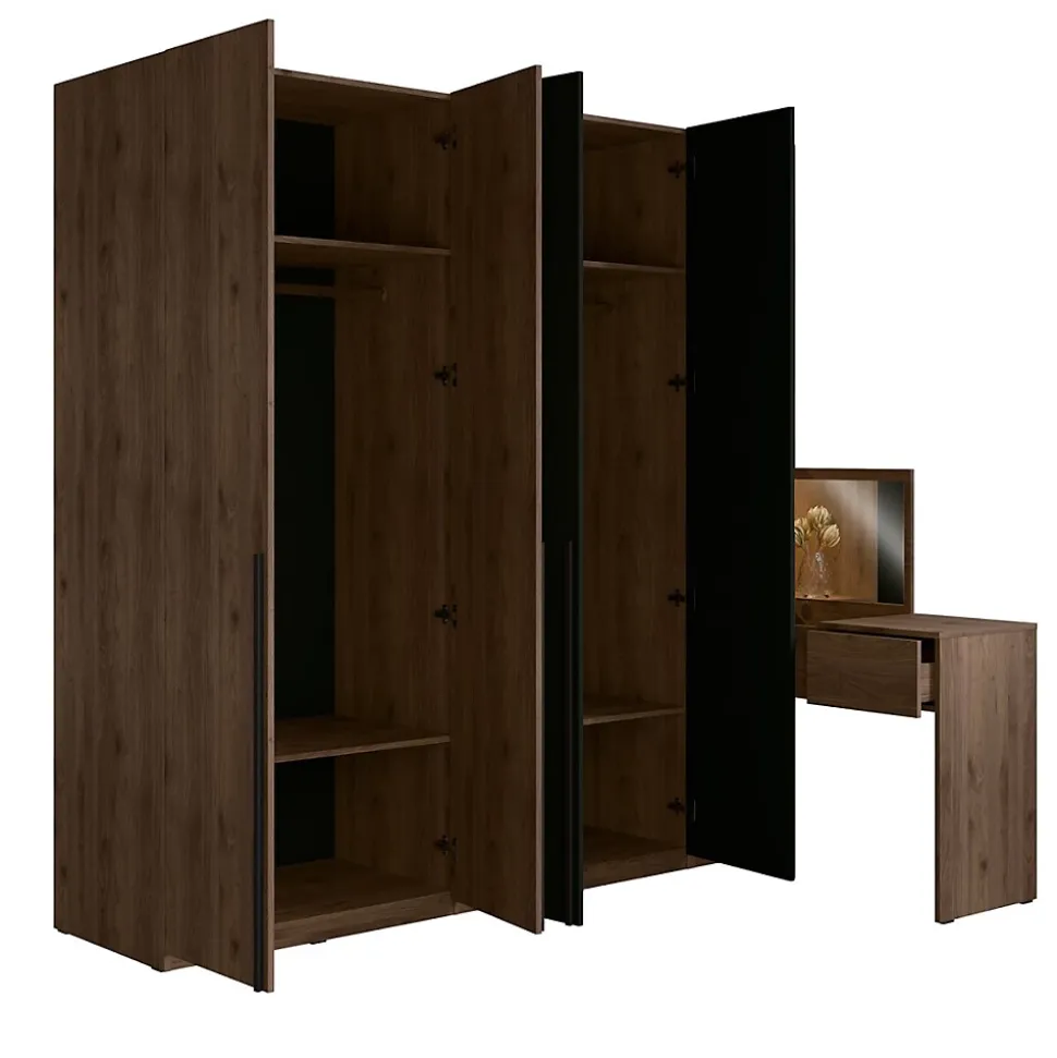 Armoire 4 portes avec coiffeuse intégrée NORVIK Noyer et noir Miroir, LED et rangements inclus