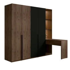 Armoire 4 portes avec coiffeuse intégrée NORVIK Noyer et noir Miroir, LED et rangements inclus