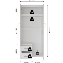 Armoire 2 portes avec miroir TOM Dimensions H185 x L80 x P52 cm Coloris blanc Style design