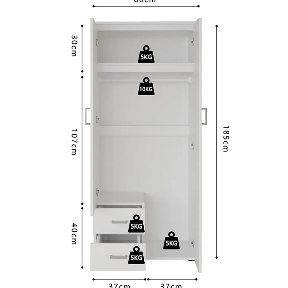 Armoire 2 portes avec miroir TOM Dimensions H185 x L80 x P52 cm Coloris blanc Style design
