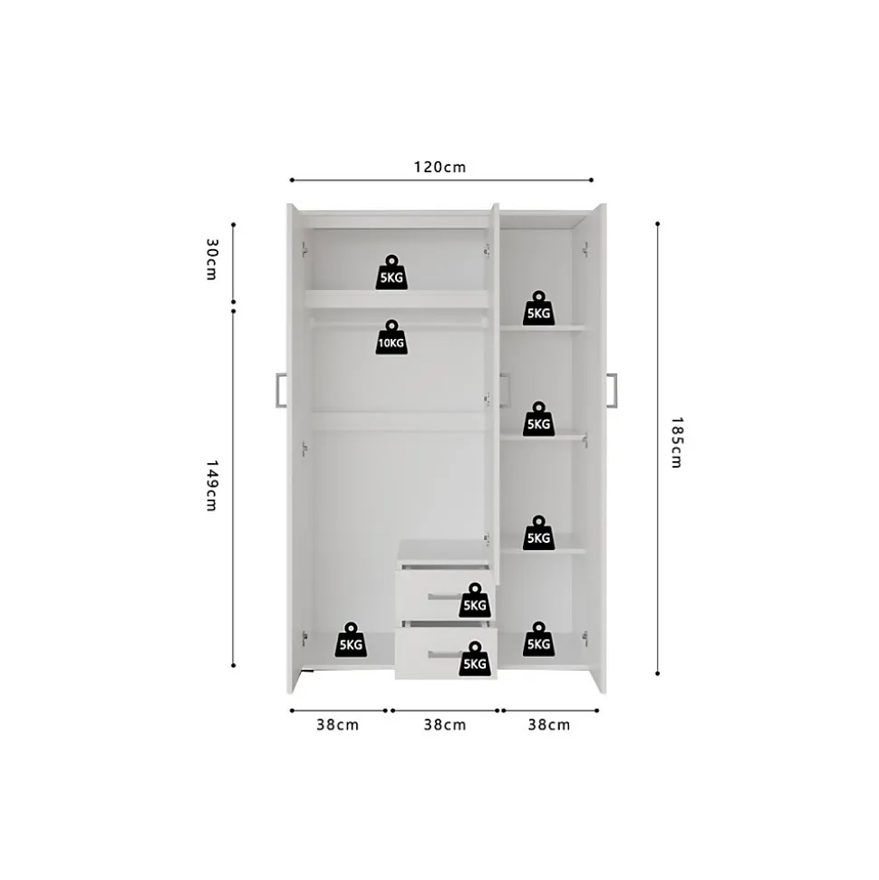 Armoire 3 portes avec miroir TOM Dimensions H185 x L120 x P52 cm Coloris blanc Style design