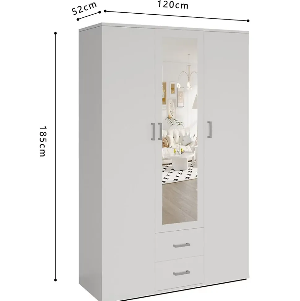 Armoire 3 portes avec miroir TOM Dimensions H185 x L120 x P52 cm Coloris blanc Style design