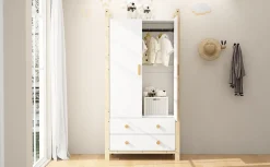 Armoire 2 Portes avec Tiroirs/Penderie, Meuble Chambre Spacieux et Pratique - Bois Massif+MDF, Blanc+Bois, 90x45x180 cm