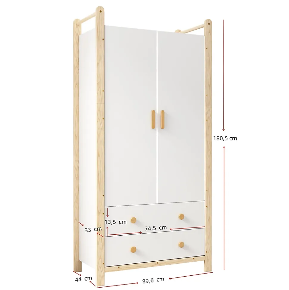 Armoire 2 Portes avec Tiroirs/Penderie, Meuble Chambre Spacieux et Pratique - Bois Massif+MDF, Blanc+Bois, 90x45x180 cm