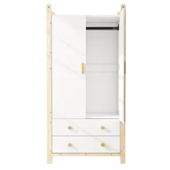 Armoire 2 Portes avec Tiroirs/Penderie, Meuble Chambre Spacieux et Pratique - Bois Massif+MDF, Blanc+Bois, 90x45x180 cm