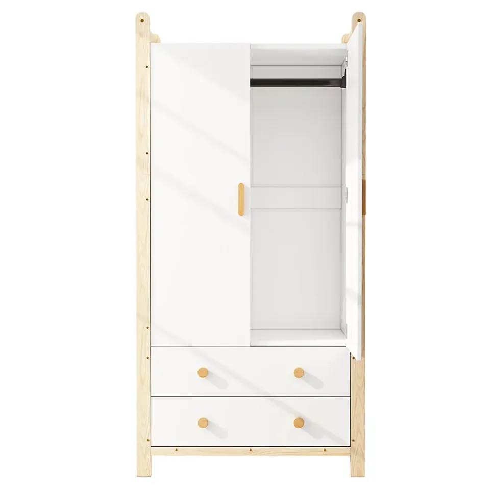 Armoire 2 Portes avec Tiroirs/Penderie, Meuble Chambre Spacieux et Pratique - Bois Massif+MDF, Blanc+Bois, 90x45x180 cm