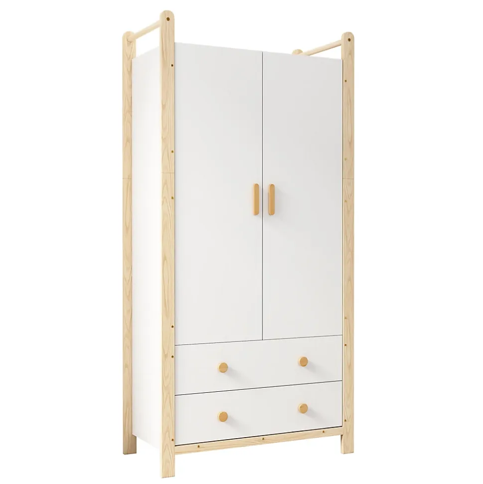 Armoire 2 Portes avec Tiroirs/Penderie, Meuble Chambre Spacieux et Pratique - Bois Massif+MDF, Blanc+Bois, 90x45x180 cm