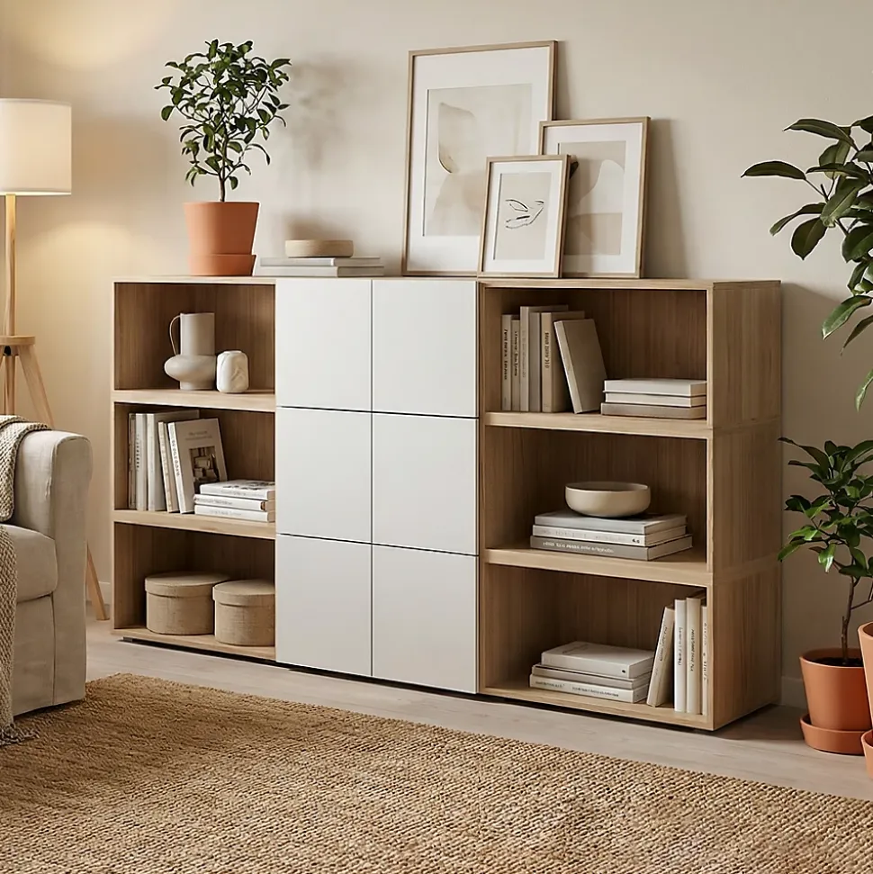 Armoire 6 portes battantes gris clair et effet chêne GoodHome Atomia H. 112 x L. 225 x P. 35 cm