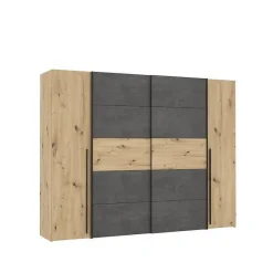 Armoire 2 portes battantes + 2 portes coulissantes - Decor chene artisan et beton gris - L 270,3 x P 61,2 x H 210 cm - NARAGO