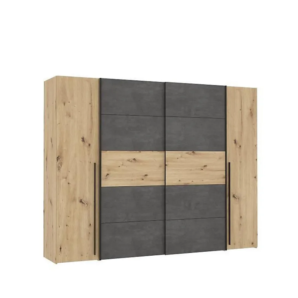Armoire 2 portes battantes + 2 portes coulissantes - Decor chene artisan et beton gris - L 270,3 x P 61,2 x H 210 cm - NARAGO