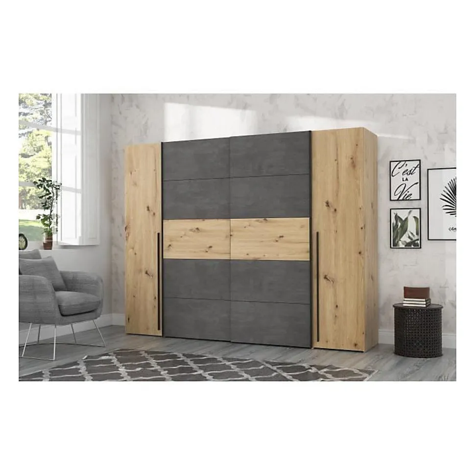 Armoire 2 portes battantes + 2 portes coulissantes - Decor chene artisan et beton gris - L 270,3 x P 61,2 x H 210 cm - NARAGO