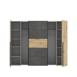 Armoire 2 portes battantes + 2 portes coulissantes - Decor chene artisan et beton gris - L 270,3 x P 61,2 x H 210 cm - NARAGO
