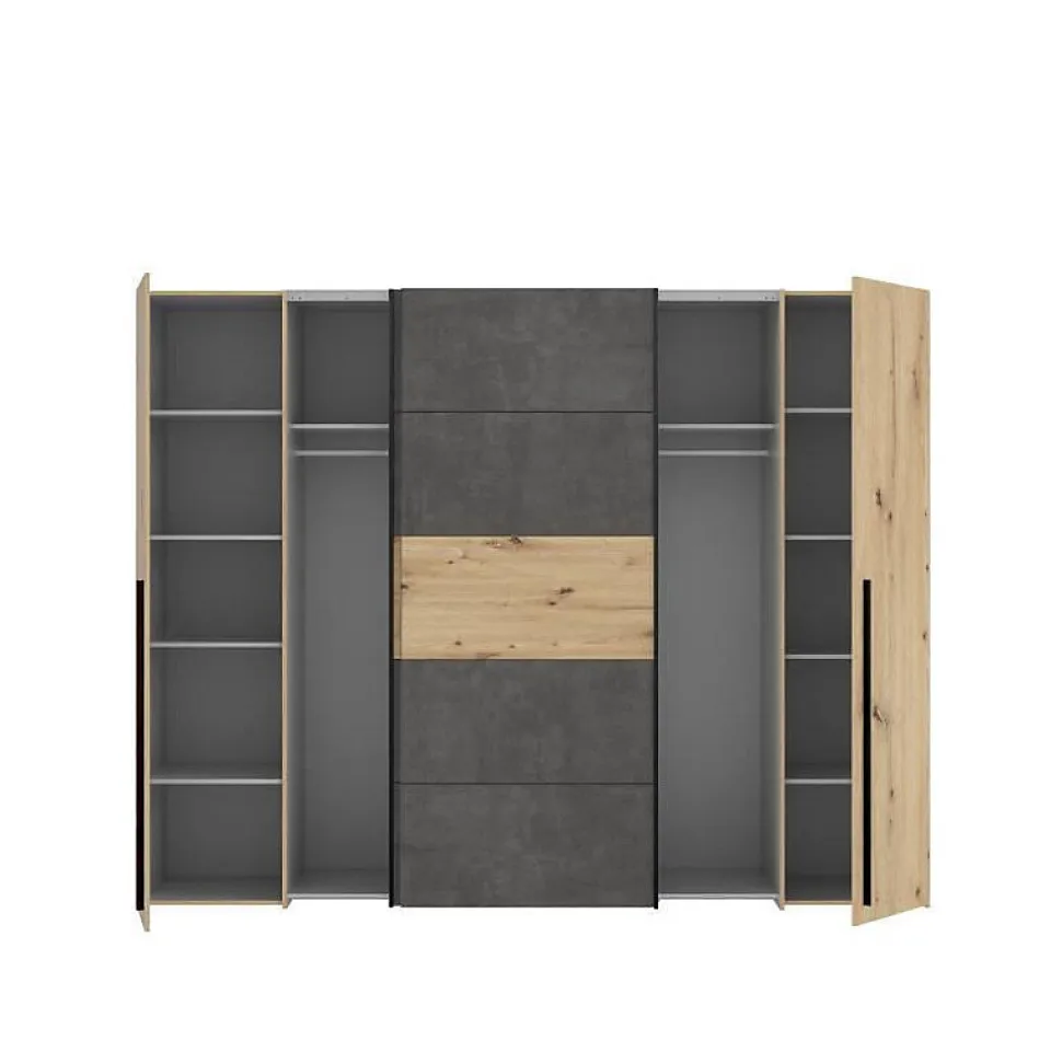 Armoire 2 portes battantes + 2 portes coulissantes - Decor chene artisan et beton gris - L 270,3 x P 61,2 x H 210 cm - NARAGO