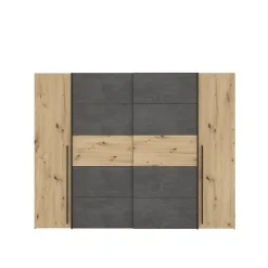 Armoire 2 portes battantes + 2 portes coulissantes - Decor chene artisan et beton gris - L 270,3 x P 61,2 x H 210 cm - NARAGO