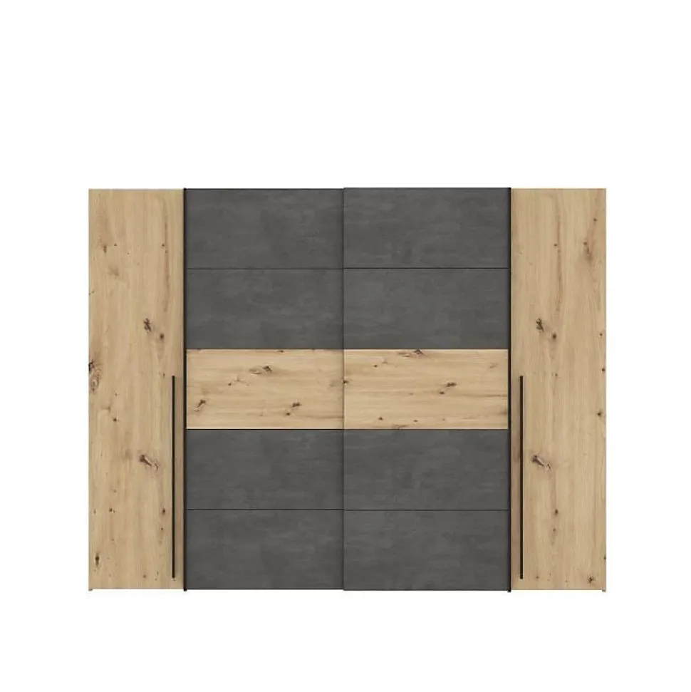 Armoire 2 portes battantes + 2 portes coulissantes - Decor chene artisan et beton gris - L 270,3 x P 61,2 x H 210 cm - NARAGO