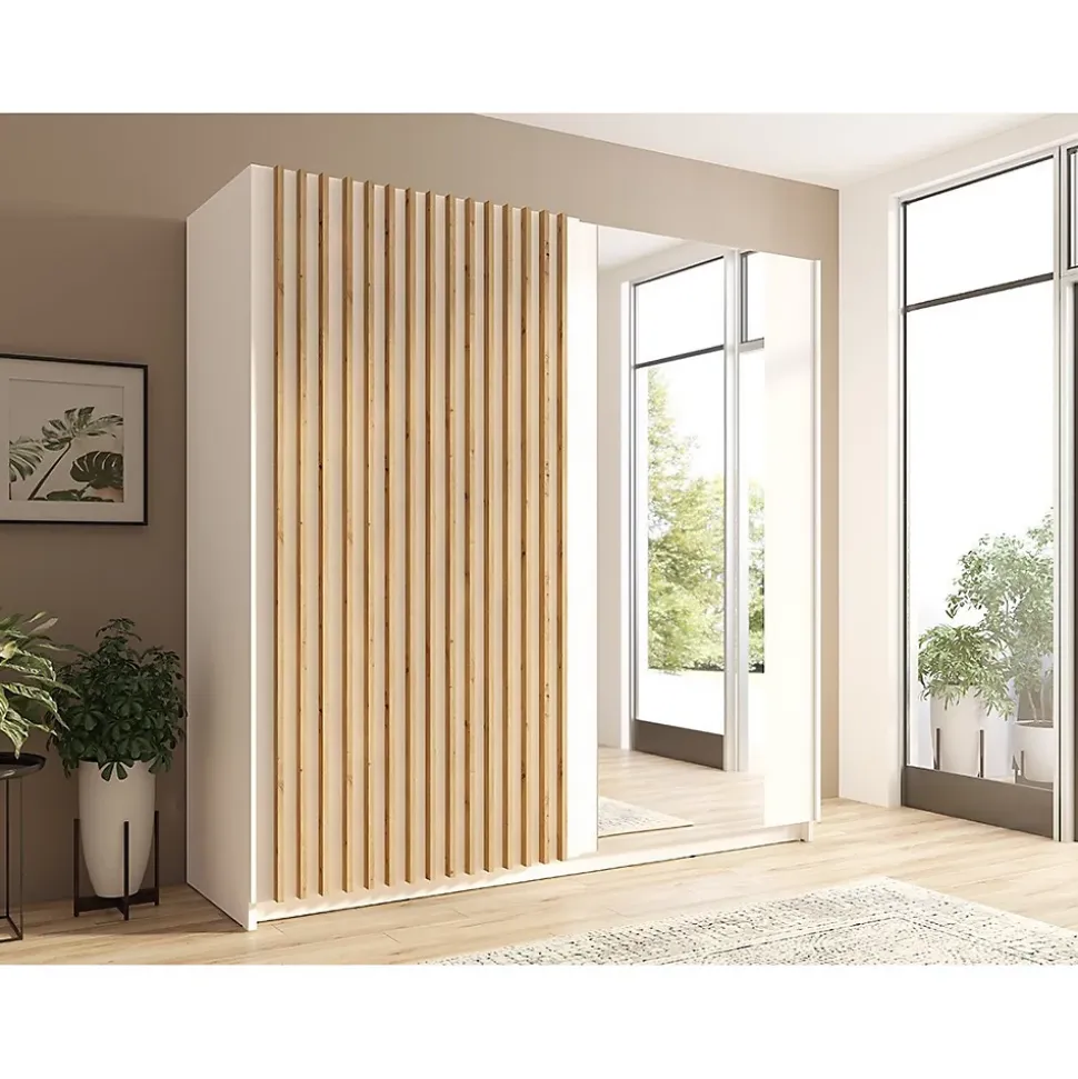 Armoire 2 portes coulissantes avec miroir 200 cm - blanc et chene - Collection STRANO
