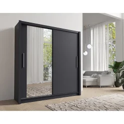 Armoire 2 portes coulissantes avec miroir - 205 cm - gris graphite - collection OZZULA