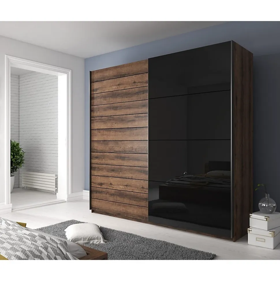 Armoire 2 portes coulissantes 200cm couleur chene foncé et noir. Collection FLOYD