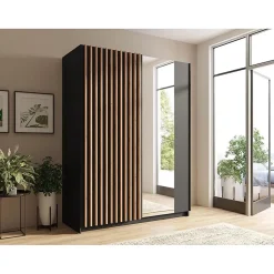 Armoire 2 portes coulissantes avec miroir 150 cm - noir et chene - Collection STRANO