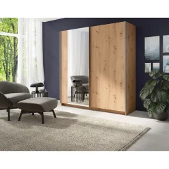Armoire 2 portes coulissantes avec miroir - Collection GOZU - Coloris chene artisan - 150 x 198 x 62 cm