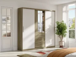 Armoire 2 portes coulissantes - Miroir et tiroirs - L240cm - Coloris : Naturel et ivoire - BODIL II