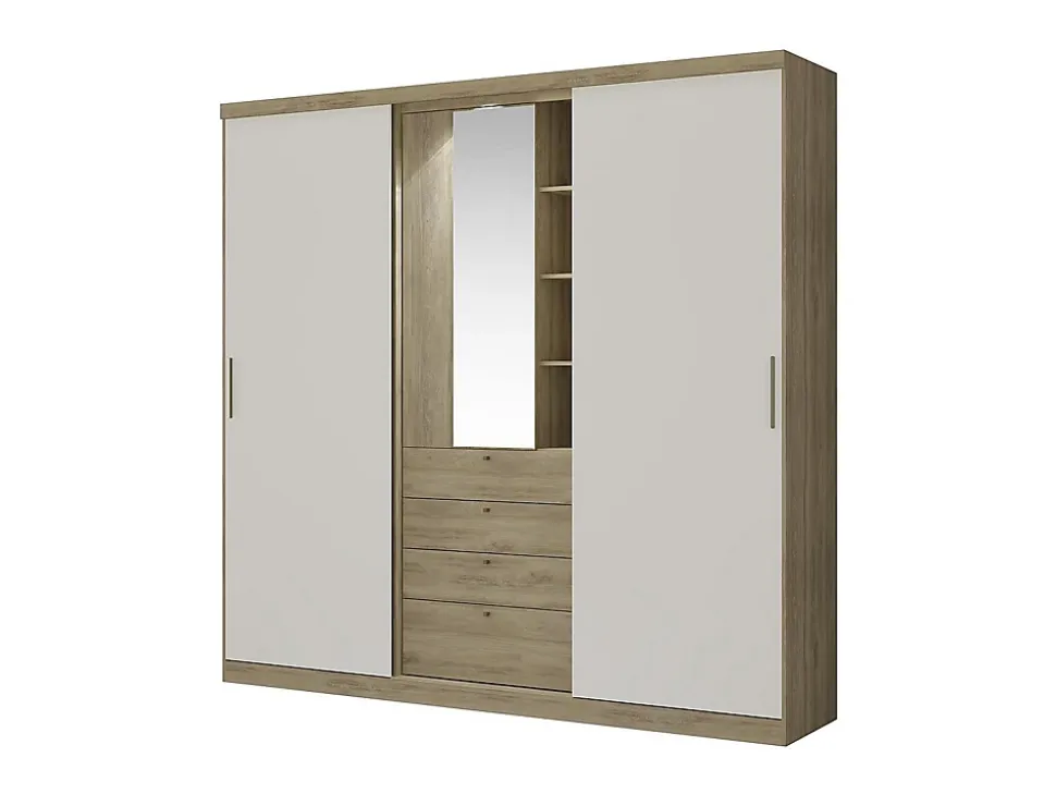 Armoire 2 portes coulissantes - Miroir et tiroirs - L240cm - Coloris : Naturel et ivoire - BODIL II