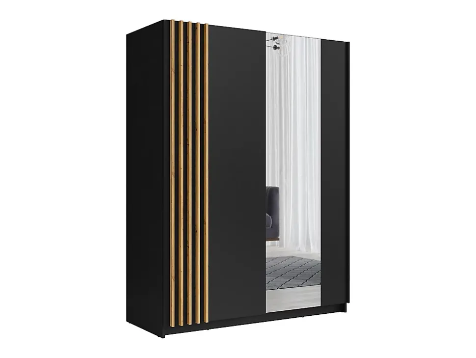 Armoire 2 portes coulissantes - Avec miroir - L150 cm - Noir et naturel - CALELA