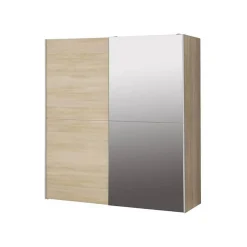 Armoire 2 portes coulissantes 5 tablettes décor bois et miroir - JEIK
