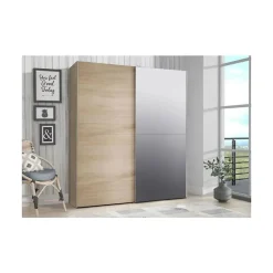 Armoire 2 portes coulissantes 5 tablettes décor bois et miroir - JEIK