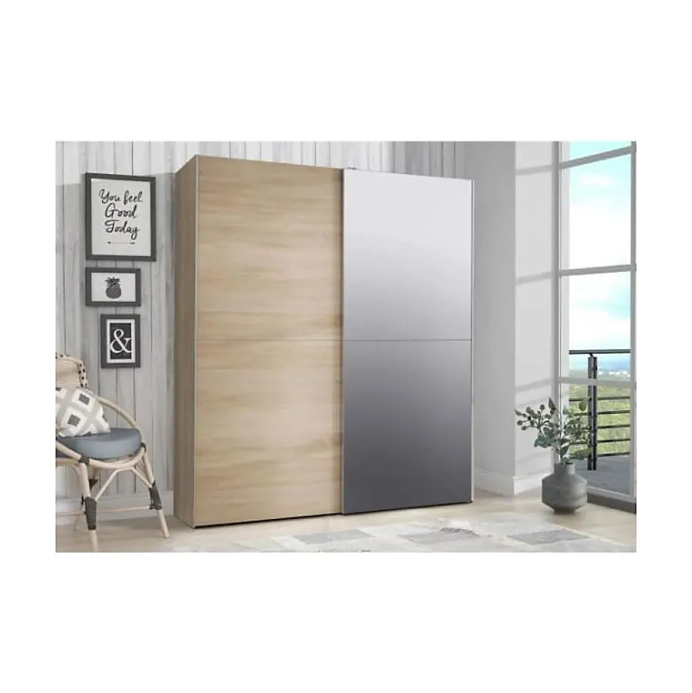 Armoire 2 portes coulissantes 5 tablettes décor bois et miroir - JEIK