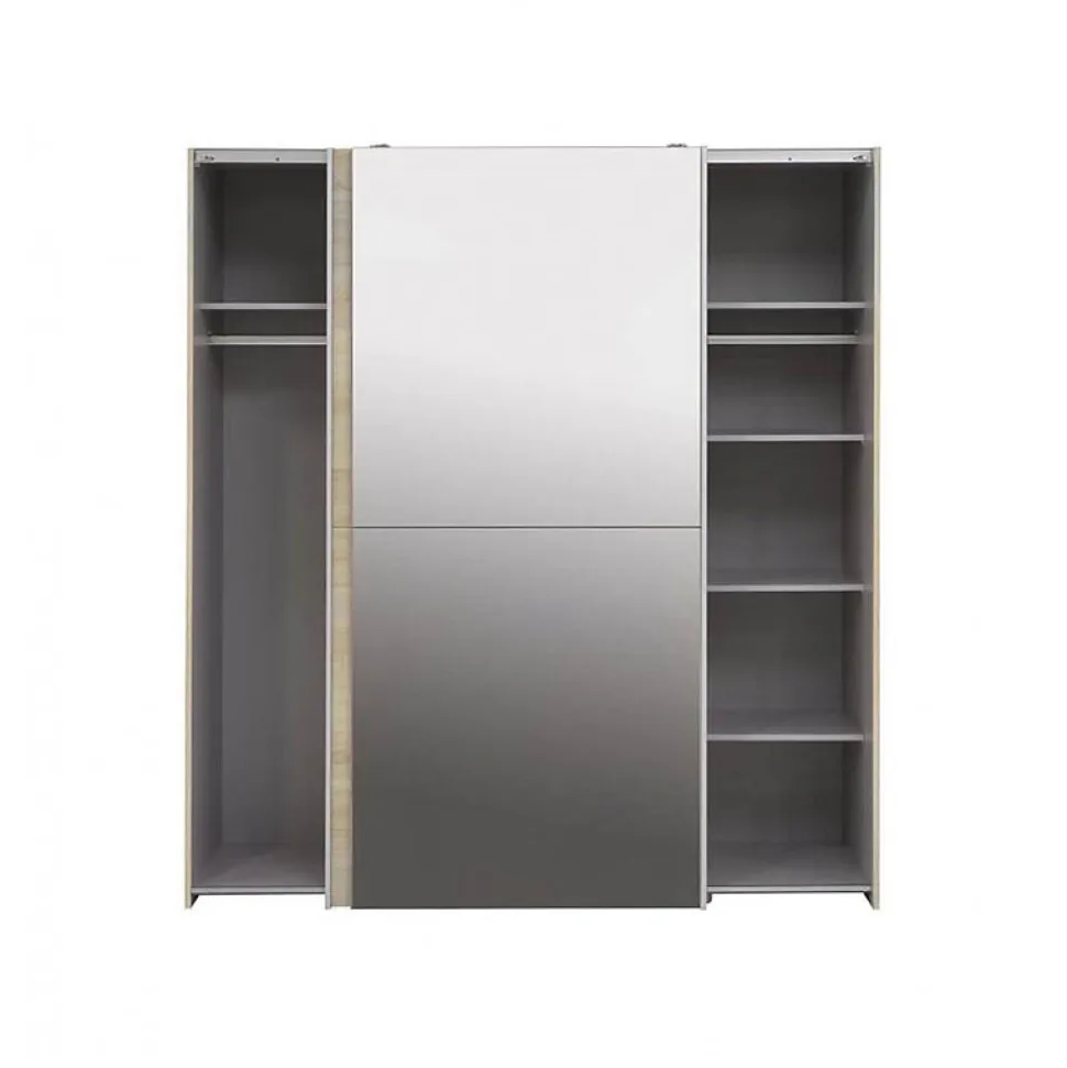 Armoire 2 portes coulissantes 5 tablettes décor bois et miroir - JEIK