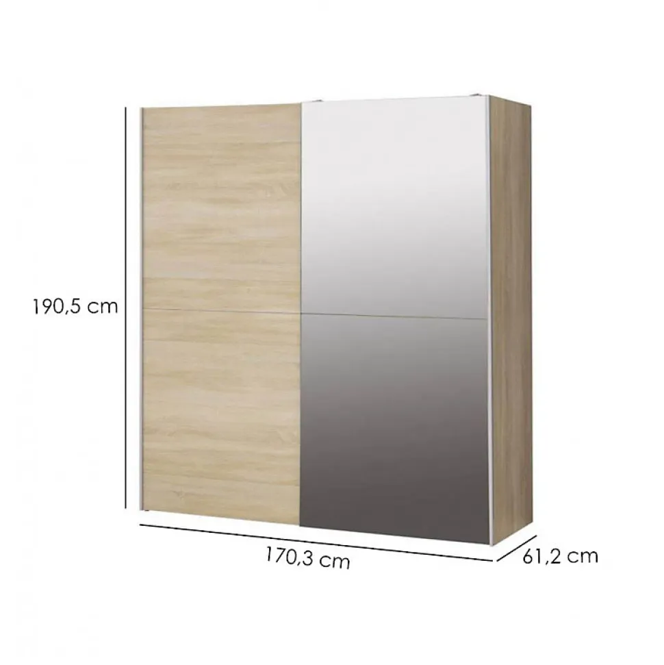 Armoire 2 portes coulissantes 5 tablettes décor bois et miroir - JEIK