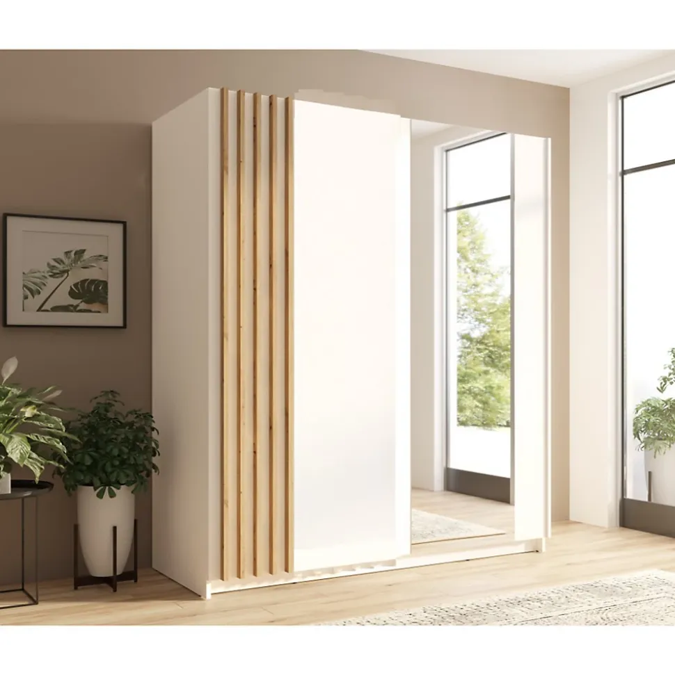 Armoire 2 portes coulissantes 150 cm- blanc et chene - Collection VARIA