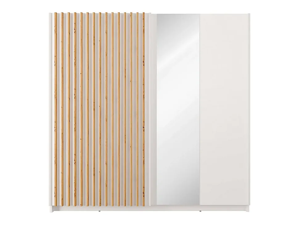 Armoire 2 portes coulissantes - Avec miroir - L200 cm - Blanc et naturel - TINDANIA