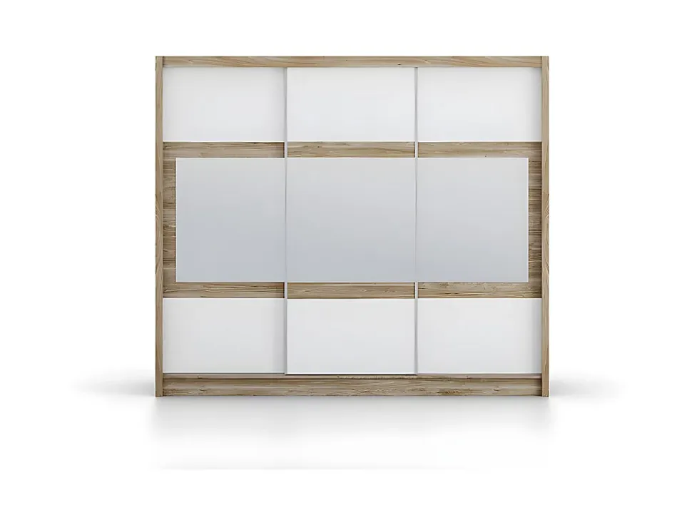 Armoire 3 portes coulissantes - Avec miroir - L250 cm - Coloris : Naturel et blanc - LEOVIA