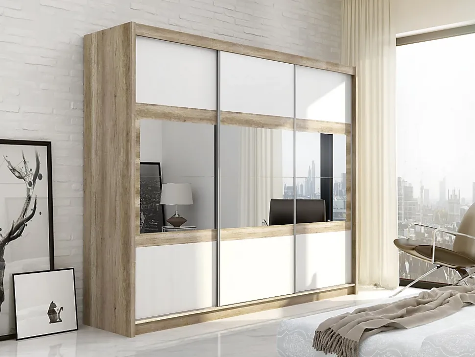 Armoire 3 portes coulissantes - Avec miroir - L250 cm - Coloris : Naturel et blanc - LEOVIA