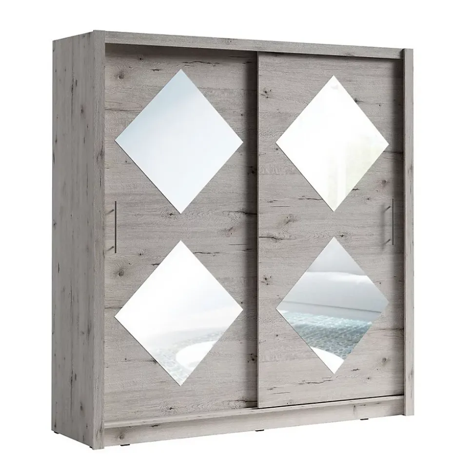 Armoire 2 portes coulissantes 205 cm avec 4 miroirs carrés - chene Wellington - Collection OZZULA